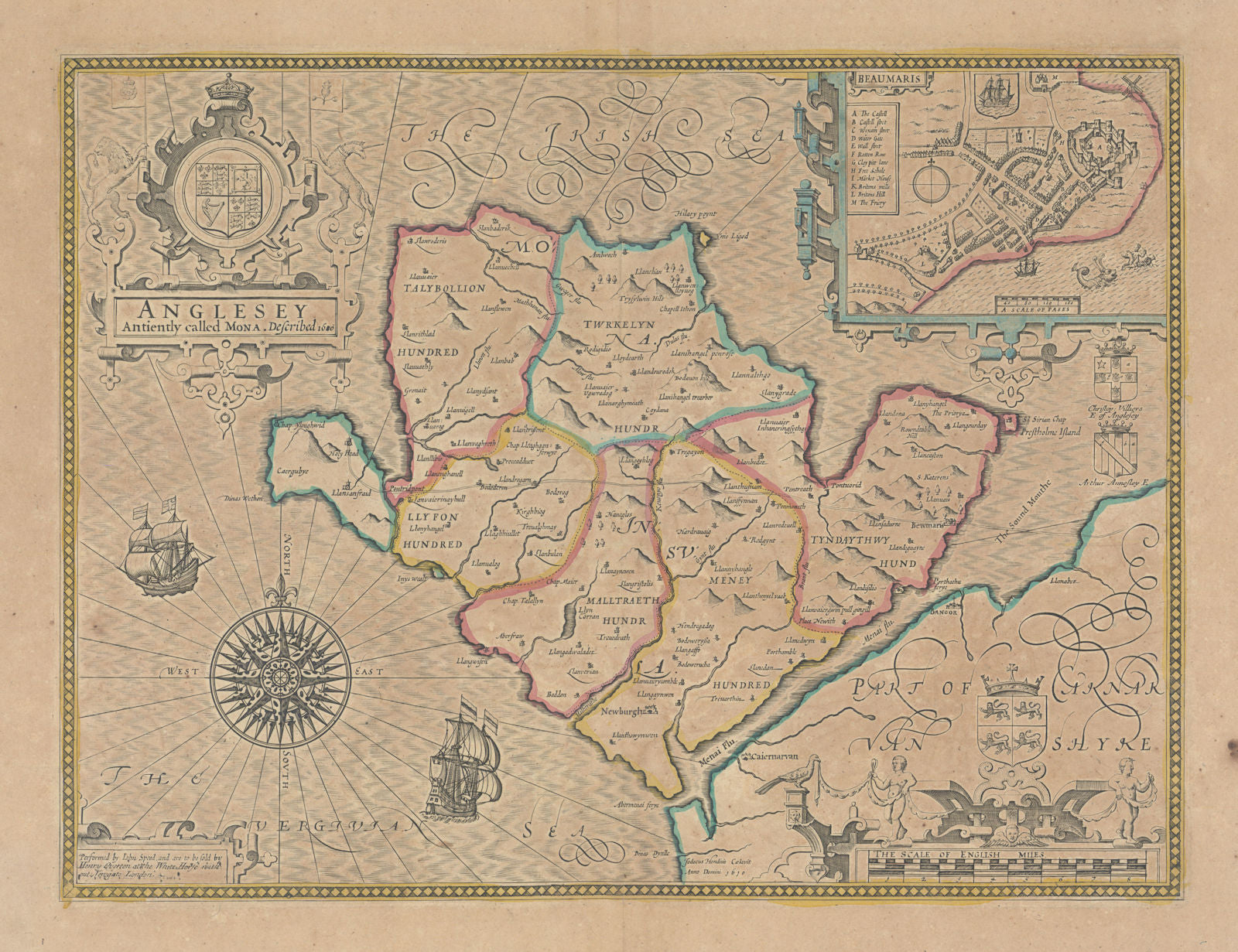 Anglesey antiently called Mona. by John Speed. Henry Overton edition c1713 map